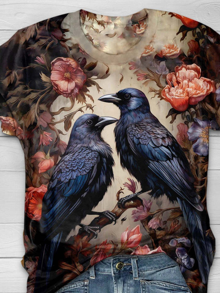 Halloween Raven Print Casual V-Neck T-Shirt