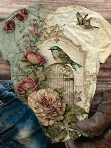 Women's Retro Floral Bird Print Top
