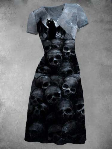 Women's Halloween Flying Cat Skeleton Print V-Neck Short Sleeve Dress