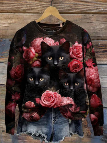 Women's Halloween Cat Print Casual Long Sleeve Sweatshirt