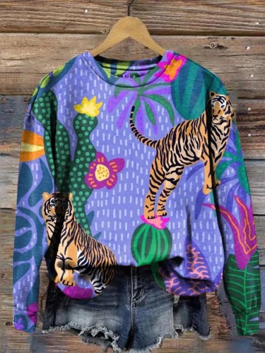 Women's Leopard Floral Print Long Sleeve Crewneck Sweatshirt