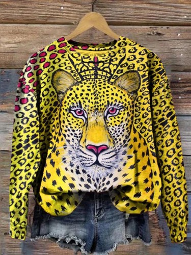 Women's Leopard Print Long Sleeve Crewneck Sweatshirt