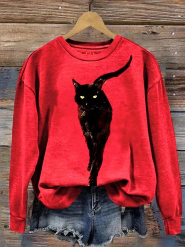 Women's Cat Print Long Sleeve Crew Neck Sweatshirt