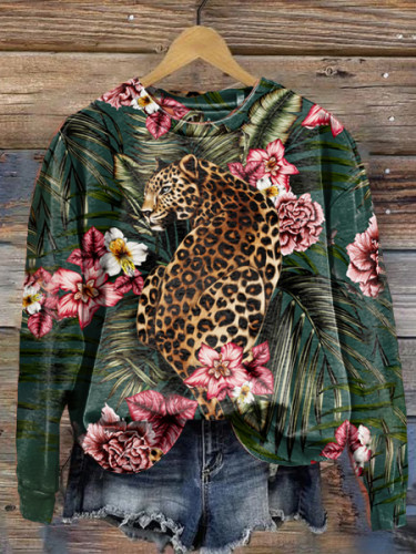 Cheetah Leopard Print Round Neck Long Sleeve Sweatshirt