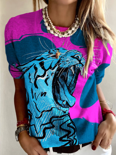 Pink Jungle Tiger Round Neck Long Sleeve Top