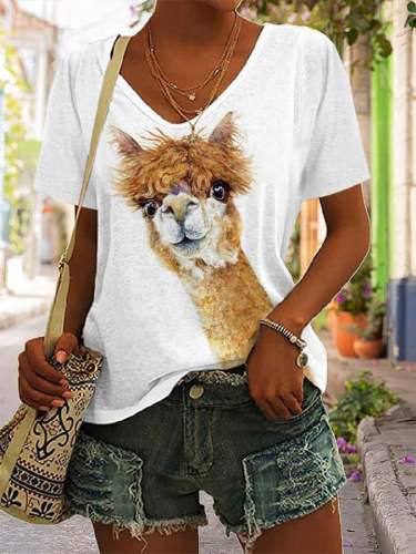 Women's Funny Alpaca Print Casual V-Neck Tee