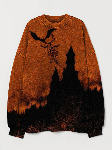 Halloween Spooky Castle Dark Forest Silhouette Washed Sweatshirt