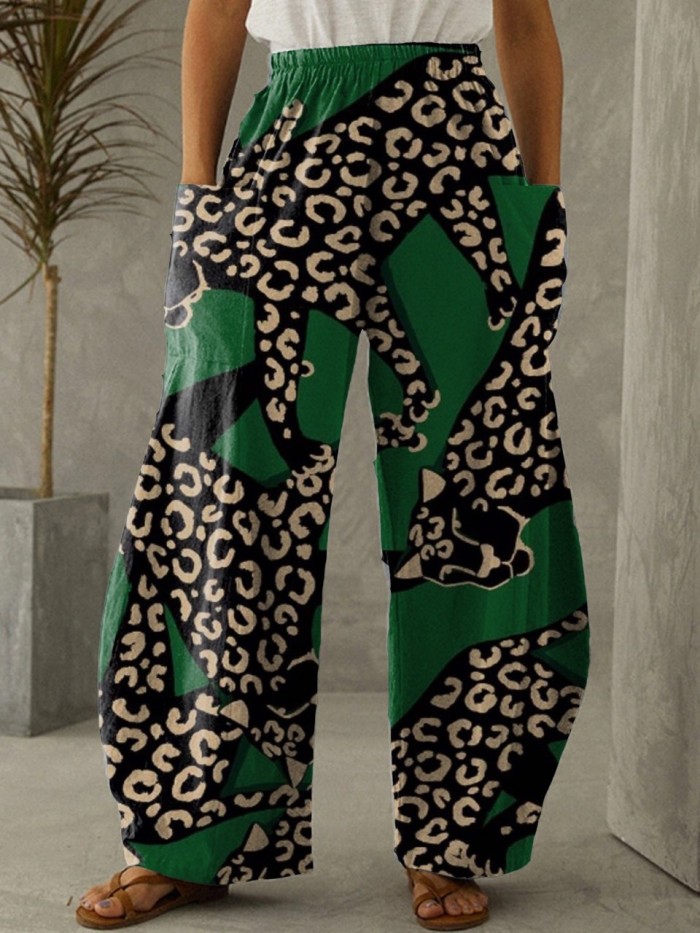 Women's Green Cheetah Leopard Print Elastic Waist Wide Leg Pants Trousers Casual Pants