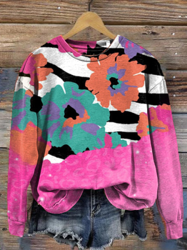 Pink Zebra Art Print Round Neck Long Sleeve Sweatshirt