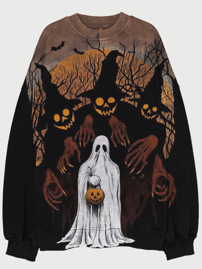 Halloween Pumpkin Witch Ghost Art Washed Sweatshirt