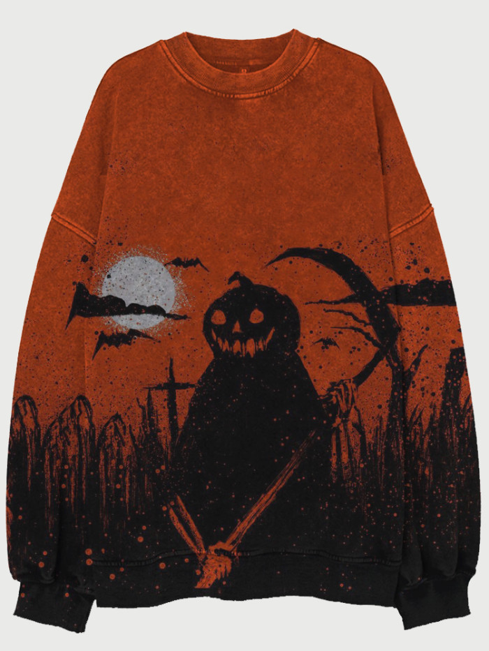 Vintage Halloween Pumpkin Ghost Art Washed Sweatshirt