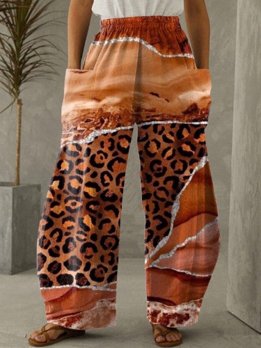 Women's Orange Leopard Tiger Art Print Elastic Waist Wide Leg Pants Trousers Casual Pants