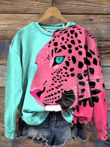Pink Cute Cheetah Leopard Print Round Neck Long Sleeve Sweatshirt