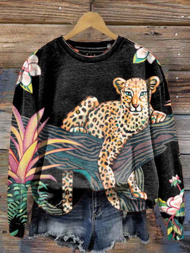Women's Animal Leopard Print Long Sleeve Crewneck Sweatshirt
