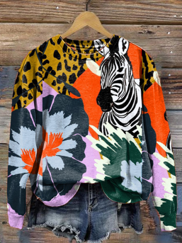 Women's Zebra Animal Print Long Sleeve Crewneck Sweatshirt