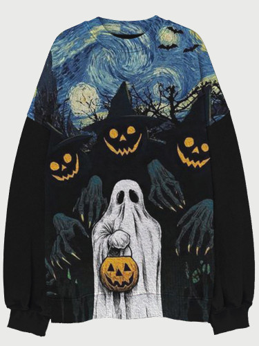 Ghost Hold Pumpkin Starry Night Art Sweatshirt