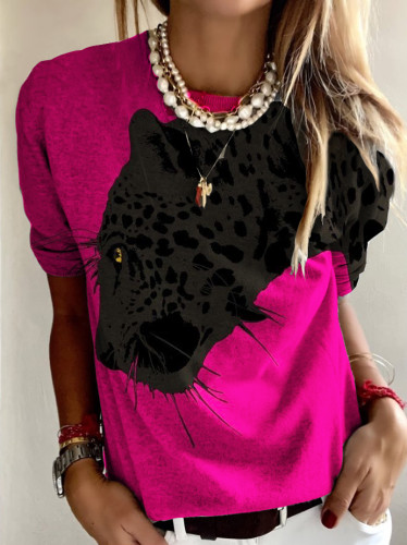 Pink Black Cheetah Design Round Neck Long Sleeve Top
