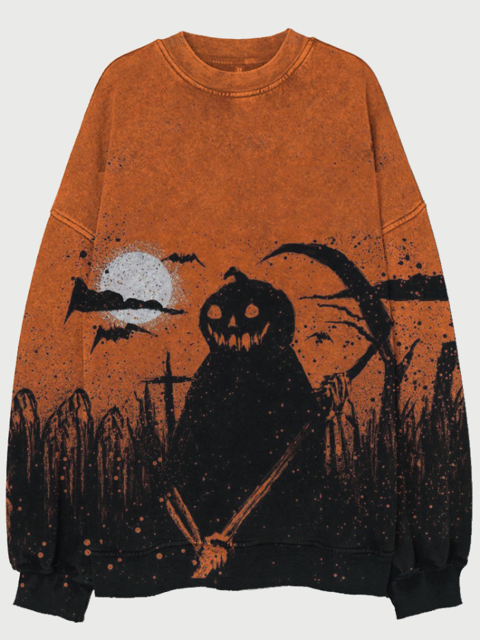 Vintage Halloween Pumpkin Ghost Art Washed Sweatshirt