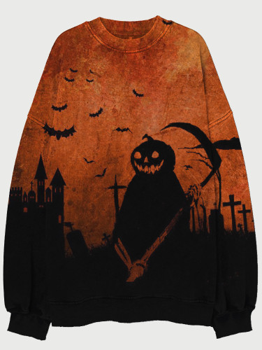 Vintage Halloween Pumpkin Ghost And Bats Art Sweatshirt