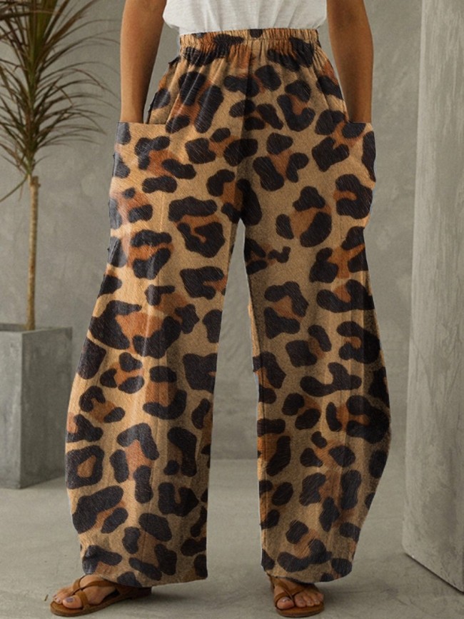 Women's Leopard Print Elastic Waist Wide Leg Pants Trousers Casual Pants