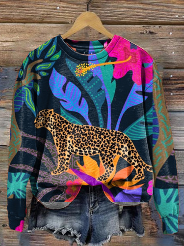 Women's Animal Leopard Floral Print Long Sleeve Crewneck Sweatshirt