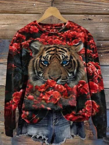 Floral Tiger Animal Print Round Neck Long Sleeve Sweatshirt
