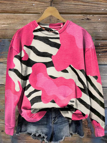 Pink Zebra Art Print Round Neck Long Sleeve Sweatshirt