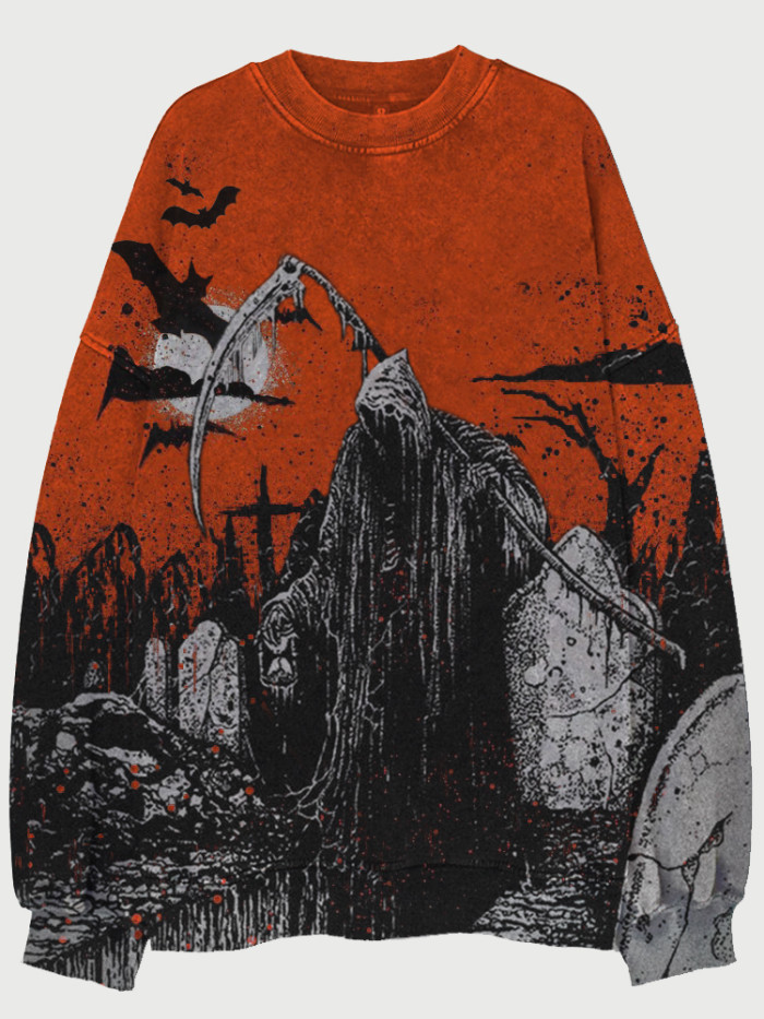 Halloween Death And Bats Pattern Washed Sweatshirt