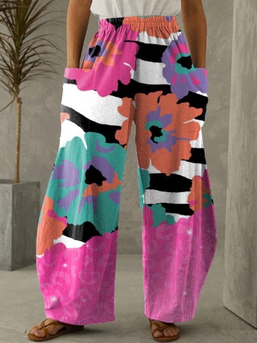 Women's Pink Zebra Print Art Painting Elastic Waist Wide Leg Pants Trousers Casual Pants
