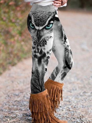 Vintage Owl Gradient Print Casual Leggings