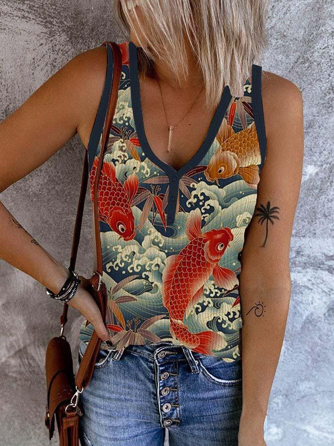 Women's Vintage Koi Fish Print Casual Ribbed Button V Neck Tank Top