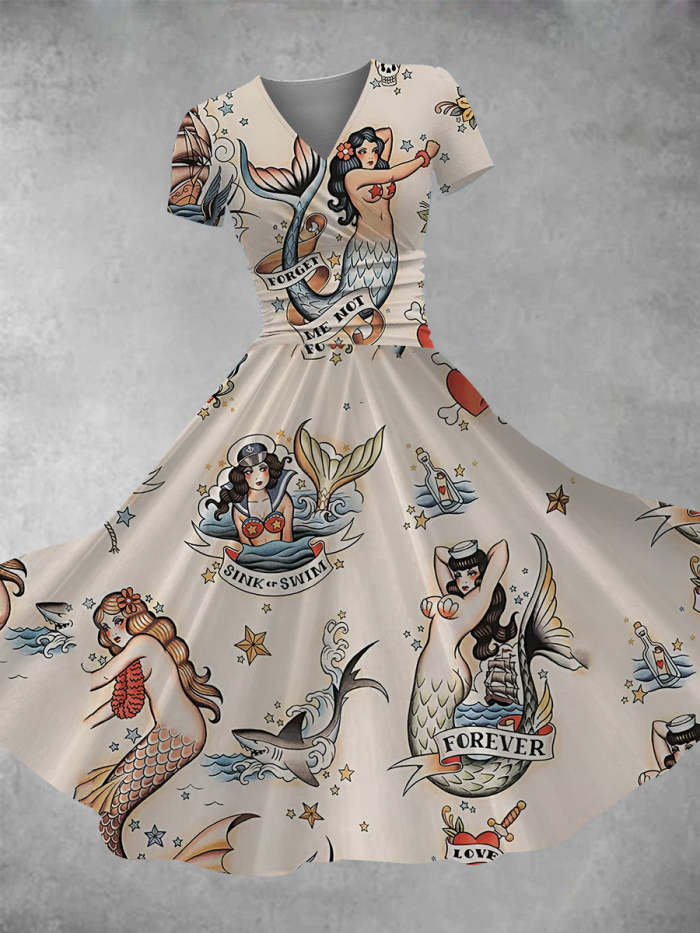 Women's Vintage Mermaid Print Maxi Dress