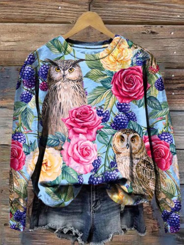 Women's Owl Blueberry Rose Long Sleeve Crewneck Sweatshirt