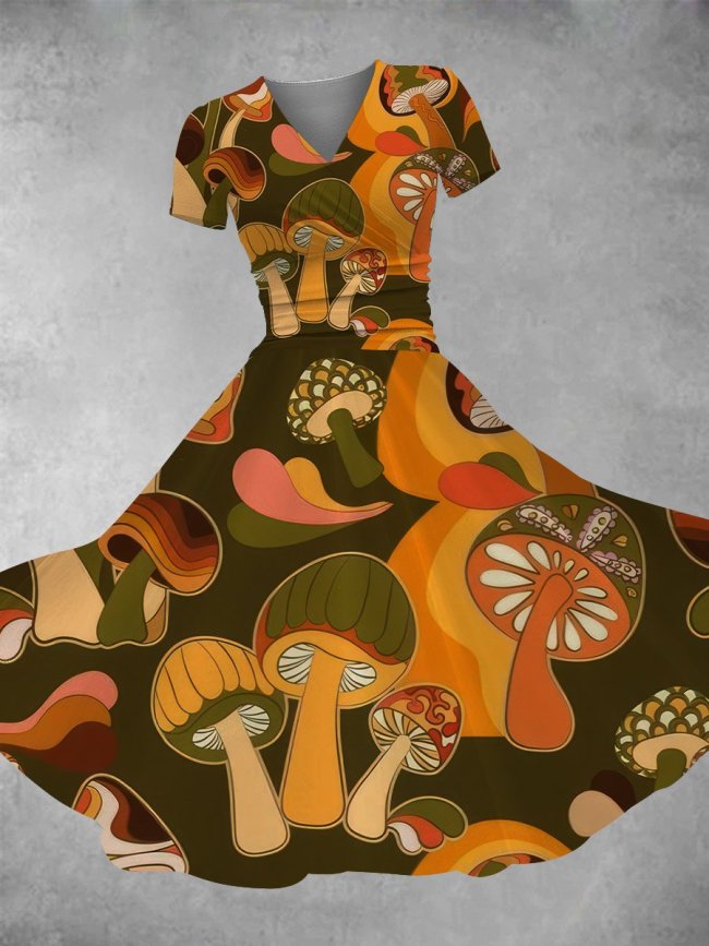 Women's Vintage Mushroom Print Maxi Dress