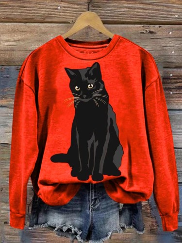 Women's Cat Print Long Sleeve Crew Neck Sweatshirt