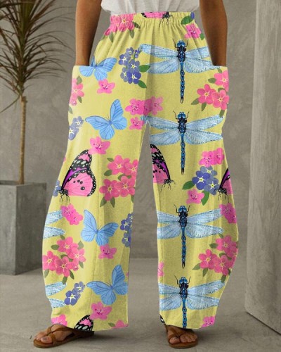 Women's Loose Floral Dragonfly Casual Wide Leg Pants