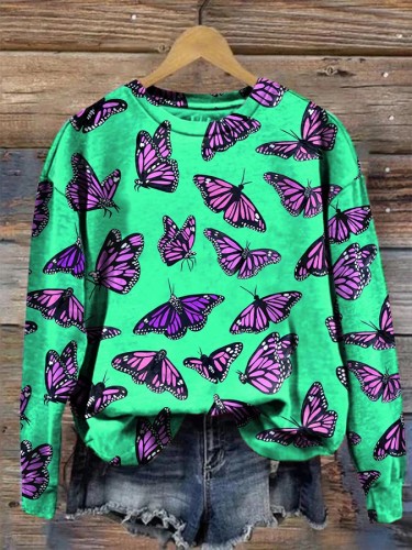 Women's Butterfly Print Long Sleeve Round Neck Sweatshirt