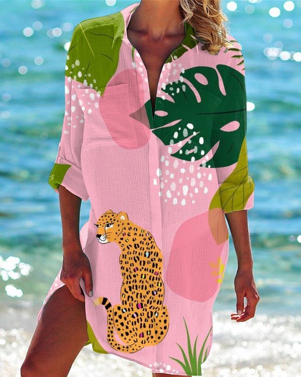 Women's Leopard Floral Print Long Sleeve Shirt Dress