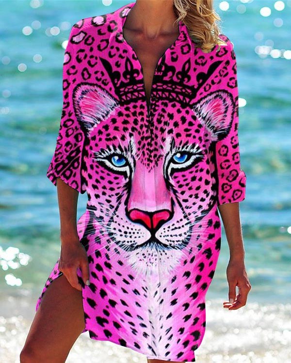 Women's Leopard Floral Print Long Sleeve Shirt Dress