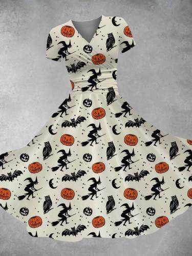 Halloween V-neck Witch Pumpkin Bat Owl Print Dress