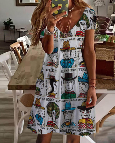 Western Art Celebrity Print V-Neck Mini Dress