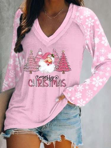 Women's Merry Christmas Pink Christmas Tree Santa Claus Print V-Neck Long-Sleeve T-Shirt