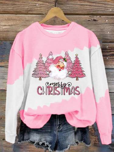 Women's Merry Christmas Pink Christmas Tree Santa Claus Print Casual Sweatshirt