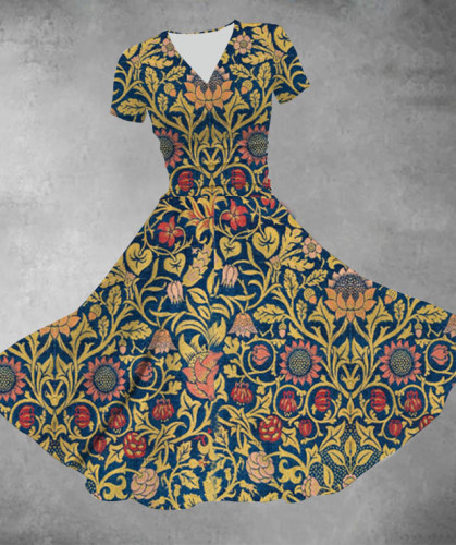Artistic Vintage Floral Print V-Neck Swing Dress