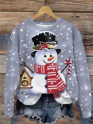 Women's Casual Snowman Print Long Sleeve Sweatshirt