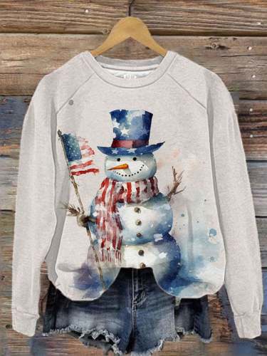 Women's Patriotic Christmas Snowman Print Casual Sweatshirt