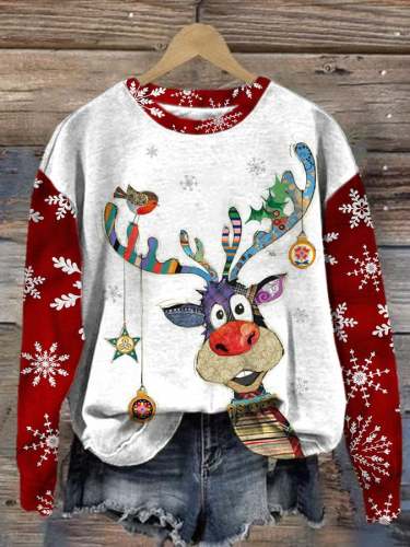 Women's Christmas Deer Print Crew Neck Sweatshirt