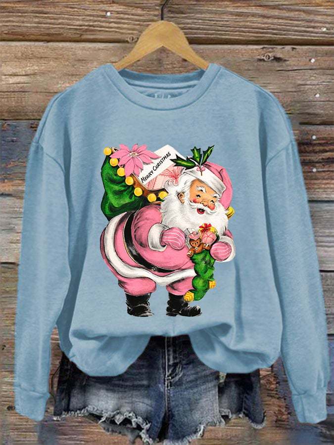 Women's Pink Santa Claus Print Crew Neck Sweatshirt