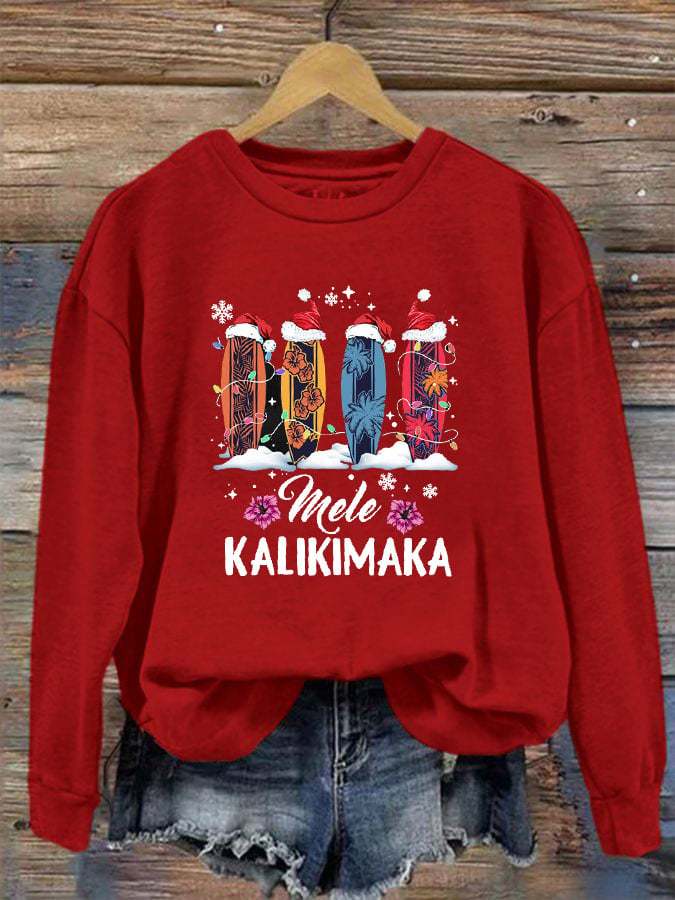 Women's Mele Kalikimaka Hawaii Christmas Print Crew Neck Sweatshirt