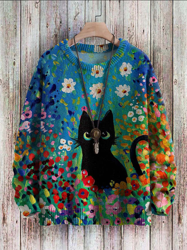Floral and Cat Graphic Art Casual Print Pullover Knit Sweater
